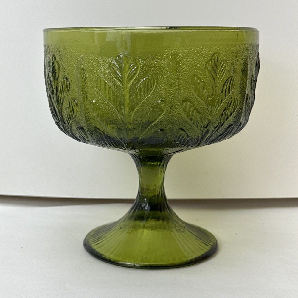 Vintage FTD 1978 Green Glass Goblet Leaf Bowl Vase with Stem Pedestal Decor